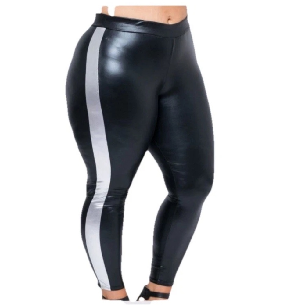 Curvy Sense Women's Metallic Faux Leather Leggings w/ silver stripe Plus size 3x